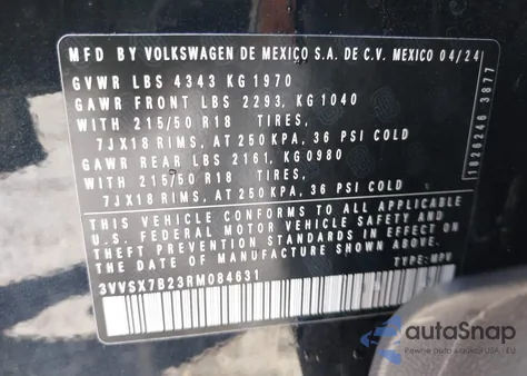 2024 Volkswagen Taos 1.5T Se from USA, damaged, VIN 3VVSX7B23RM084631